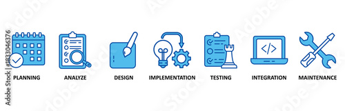 Software development banner web icon set In Blue Style vector illustration foricon of planning, analyze, design, implementation, testing, integration, and maintenance