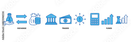 ETF banner web icon set In Blue Style vector illustration for Exchange Traded Funds Stock Market Investment with icon of money, cash flow, trading, transaction, bank, accounting, and growth