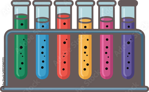 Six colorful vector test tubes with bubbling liquids in a laboratory rack for science experiments and education