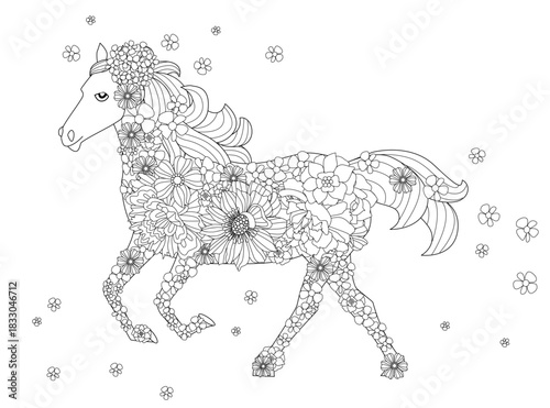 coloring book page for adults and children a racehorse in flowers. horse sign of chinese new year 2026