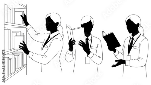 Librarian Silhouette Vector Set — Placing Book, Reading, Arranging Shelves, Assisting Patron, Library Worker Illustration

