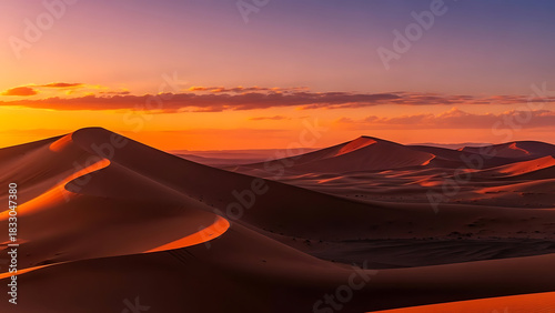 Fototapeta Naklejka Na Ścianę i Meble -  Golden hour desert dunes under a vibrant sunset sky