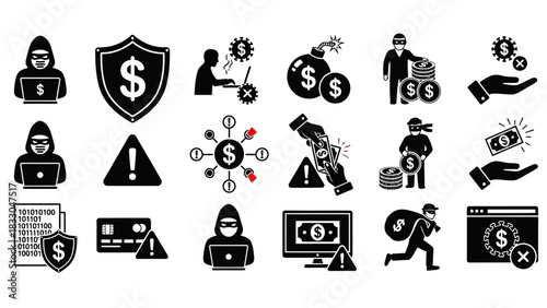Collection of Cyber Security Icons illustrating threats like hacking, malware, and financial fraud risks