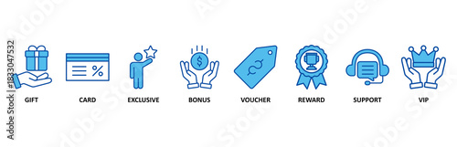 Loyalty program banner web icon set In Blue Style vector illustration foricon of gift, card, exclusive, bonus, voucher, reward, support, vip