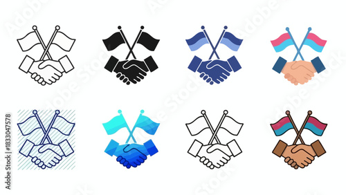 Global Agreement Icons Handshake and Flags, symbolizing international cooperation