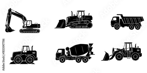 construction vehicle silhouettes  including tractor, truck, crane, and excavator vector illustrations