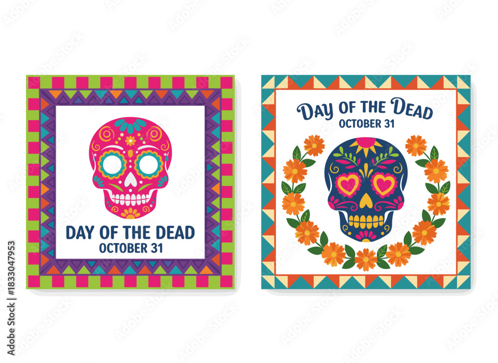 Obraz premium Templates for Day of the Dead greeting cards featuring a Catrina symbol, decorated sugar skull illustrations, a cartoon skeleton in traditional Mexican attire, and festive postcards and invitations
