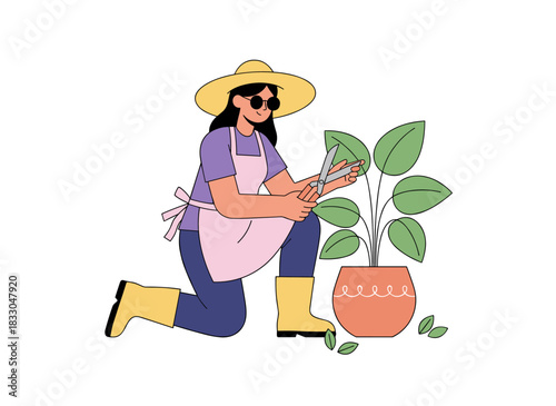 Female gardener tending a houseplant, trimming a green leaf with pruning shears, depicted in a flat vector illustration on a white background