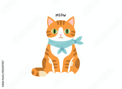 A cute, hungry cat wearing a bib looks hopeful and waits for food, depicted as an adorable kitty on a white background in a hand‑drawn, colored flat vector doodle style