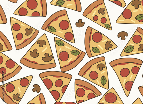 A seamless pattern featuring hand‑drawn slices of classic Italian pizza, outlined with contour lines against a light background, rendered realistically for textile prints, wrapping paper, and