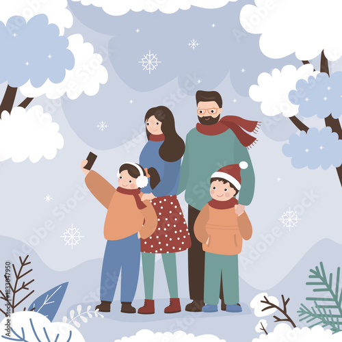Happy family taking selfie in winter park. Poster, greeting card. Concept of friendly family, people spending time together. Parents taking selfie walks with children