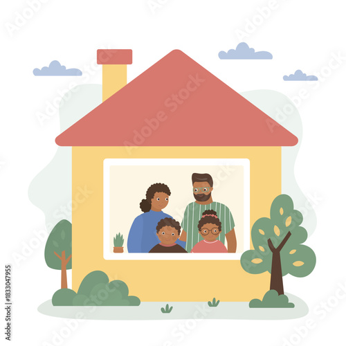 African american family spending time together in small single house. Parents and children. Happy members gathered together at home