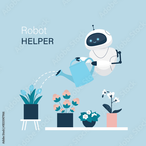Robot helper watering flowers in pots. Automation of housework. Cyborg watering plants. Futuristic concept of home assistant. Keeping house clean and tidy.