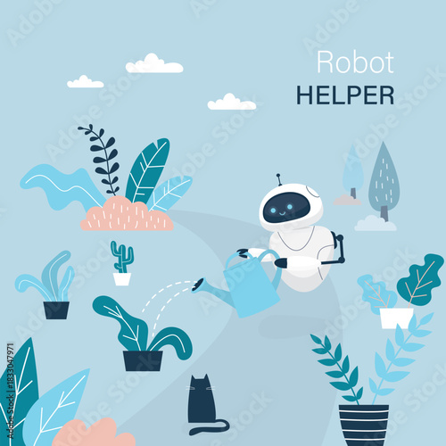 Robot helper watering flowers in garden. Automation of housework or agriculture. Cyborg watering plants. Concept of digital assistant. Keeping clean and tidy.