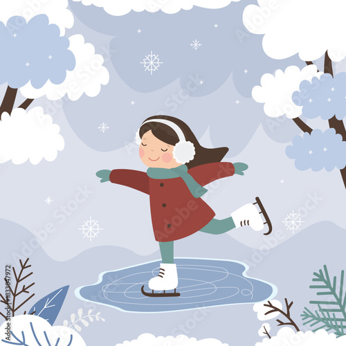Happy caucasian girl skating on ice. Cute little girl wearing warm winter clothes and skating on frozen surface. Winter greeting card or banner. Sport or hobby.