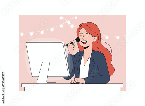 A cheerful, colorful woman dyes her eyelashes while gazing at a mirror in a vector flat illustration; a young girl enjoys applying mascara at home, and a beautiful woman applies makeup with a