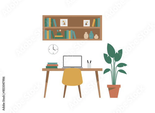 A hand‑drawn, colorful sketch of a modern home library interior featuring bookshelves and a workplace