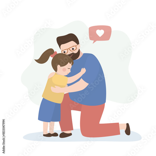 Father offering solace to little kid. Empathy, dad comforting daughter. Family, relationship, parent and child isolated on white background. Warm hugs.