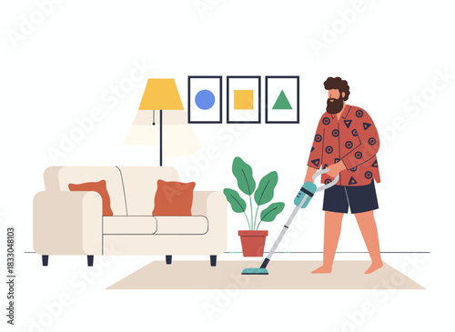 An adult male is tidying his house, vacuuming the carpet and floor in the living room, depicted as a flat vector illustration on a white background