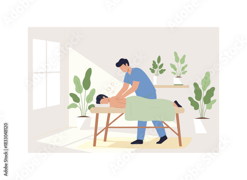 A person enjoys a banana leaf wrap treatment at an exotic spa and wellness salon, experiencing rainforest-inspired body care and recreation in a beauty center, depicted as a flat vector illustration