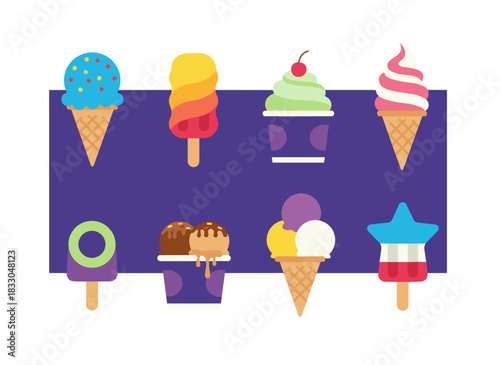 A collection of flavorful ice creams in various flavors, presented as a bundle of appetizing frozen desserts adorned with chocolate glaze, sprinkles, and berries, depicted in a flat cartoon vector