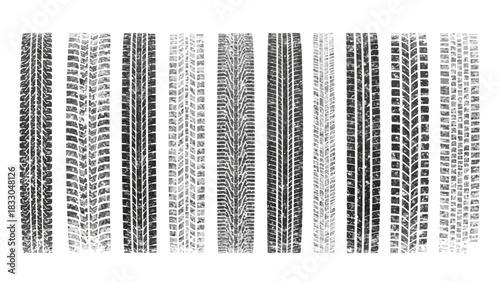Collection of Tire Tracks in Various Designs and Patterns for Transportation and Design Elements