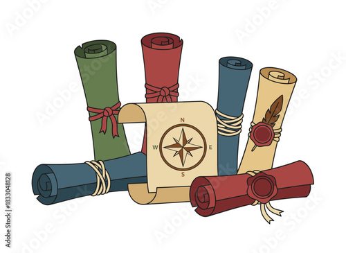 A collection of aged paper scrolls, mystical sacred manuscripts, ancient rolls, and sheets, including antique papyrus bearing text and a seal tied with rope, accompanied by flat vector illustrations