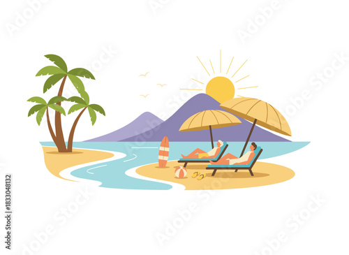 Colorful flat cartoon vector illustration of a happy young couple lying on a beach, sunbathing at a seaside resort, relaxing during a summer holiday in a tropical paradise