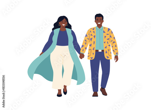 Illustration of a joyful couple—a plump man and a curvy woman—in a romantic relationship, featuring plus‑size biracial characters of varied races and ages, rendered as a flat graphic vector on a
