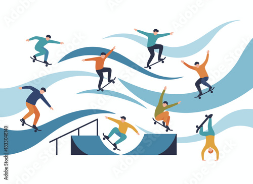 A group of teenage skateboarders, both boys and girls, riding their boards; young adults and a dog also skateboarding; male and female cartoon figures set against a white backdrop in a flat vector