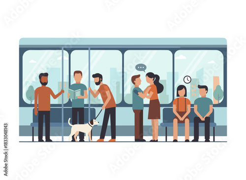 A city bus crowded with diverse passengers, where people sit and stand, read books, and chat, while citizens travel on a trolleybus, depicted in a colorful flat vector illustration