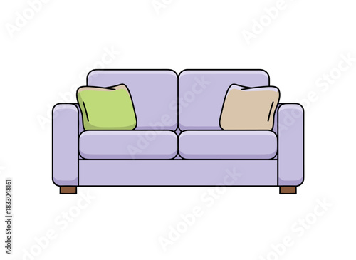 A cushioned lounge couch, a cozy sofa with pillows in a retro mid‑century style, a modern Scandinavian loveseat divan, all depicted as a flat vector illustration on a white background