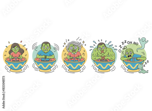 People sprinting in hamster wheels, trapped in endless work, businesses, the rat race, and repetitive cycles, shown in flat vector illustrations on a white background