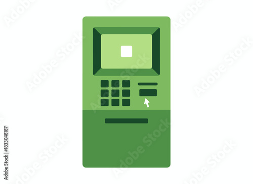 A modern green ATM isolated on a white background, depicted as a flat cartoon vector illustration, serves as an electronic device for cash withdrawals and money transfers