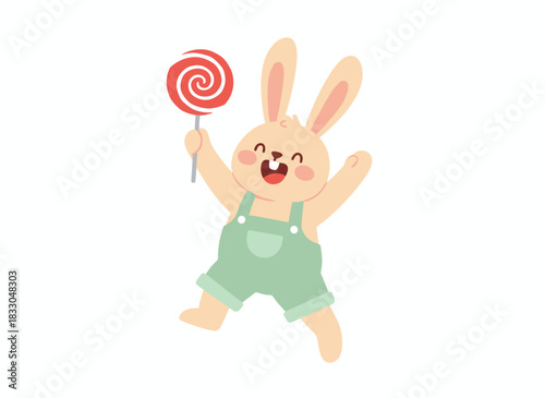 A cheerful rabbit leaps while clutching a lollipop in a flat vector illustration, joyfully enjoying a sweet treat against a white background, wearing overalls and smiling with a positive vibe