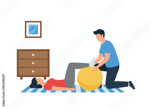 A pregnant woman and her partner give birth at home, delivering the baby while laboring on a birthing ball; the husband offers support and assistance during childbirth and prenatal preparation