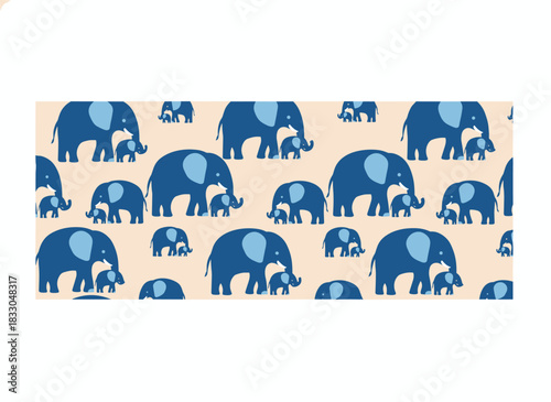 A seamless pattern featuring a mother elephant holding her calf by the trunk, set against a backdrop of a family of whimsical cartoon animals on a light background, suitable for fabric prints
