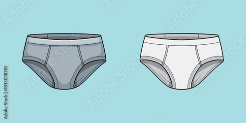Men’s briefs, underwear set, gray and white, fashion basics, flat lay, clothing design, vector art, flat vector illustration