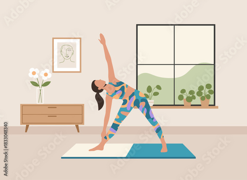 A young, modern woman works out at home, calmly closing her eyes in a yoga pose while performing morning aerobics as part of her daily fitness routine, depicted in a flat vector illustration