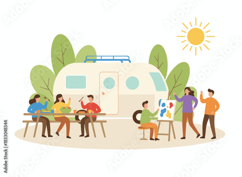 A cheerful group of friends relax together, enjoying a picnic in a flat vector illustration, with a happy man and woman chatting while eating and drinking at an outdoor party, all spending time in