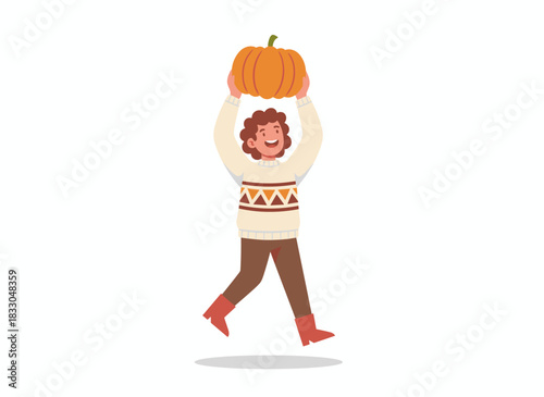 A cheerful boy lifts a pumpkin above his head while a young farmer strolls with an organic farm vegetable from the autumn harvest, holding the seasonal fall crop in a flat vector illustration set