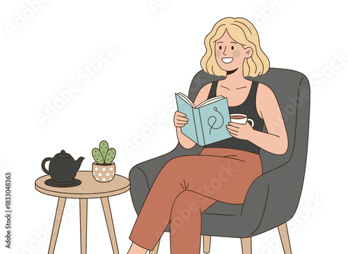 A cheerful contemporary young woman sits in a café, reading a book while enjoying a cup of tea or coffee, studying and preparing for an exam, depicted in a colorful flat vector illustration