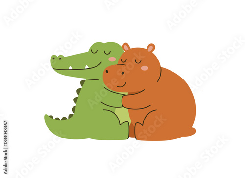 A capybara and a crocodile, delightful animal companions, happily lounging together, hugging and embracing in a flat vector illustration set against a white background
