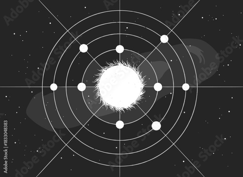 A vintage hand‑drawn illustration of a dotwork‑style solar system with planets orbiting