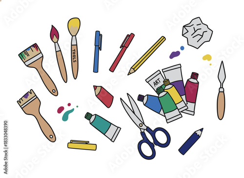 A hand‑drawn seamless pattern featuring stationery, drawing tools, creative implements, or office supplies against a white background, rendered as a realistic vintage‑style vector illustration