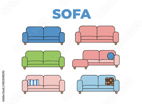 Stylish and comfortable sofa set featuring cozy lounge seats with soft cushions, ideal for living room interiors, presented as a flat vector illustration on a white background