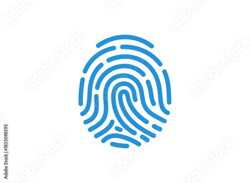 A fingerprint icon depicting a digital biometric fingerprint for verification and authentication, featuring a thumb and line pattern that symbolize security, protection, and privacy, rendered as a