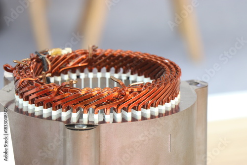 Winding of flat wire motor that is used inside electric vehicle motors close up view. EV flat winding motor