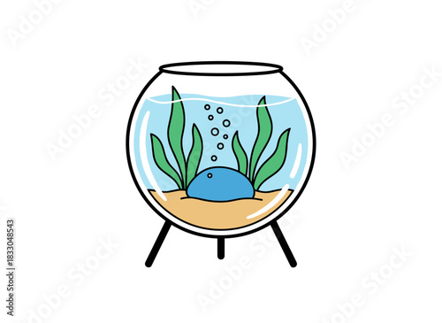 A round fishbowl made of transparent glass, filled with water, sand, stone, green leaves, and aquatic seaweed plants, depicted as a flat vector illustration against a white background
