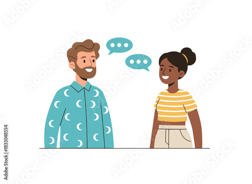 A flat vector cartoon illustration of a smiling, trendy young couple standing together, looking lovingly at each other against a white background